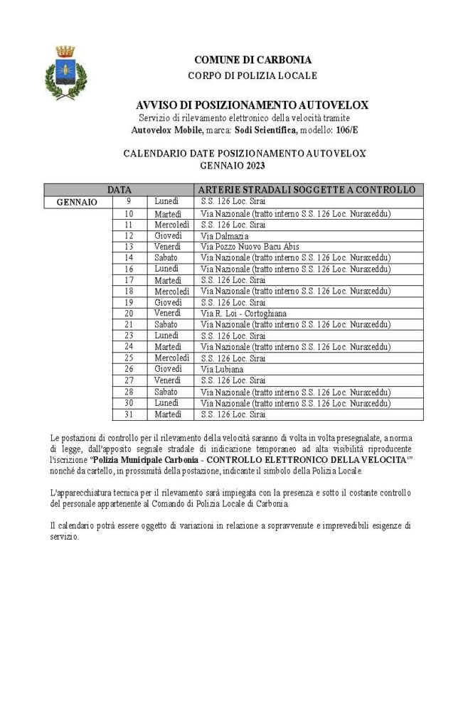 Carbonia il calendario delle postazioni autovelox del mese di gennaio 2023 La Provincia del